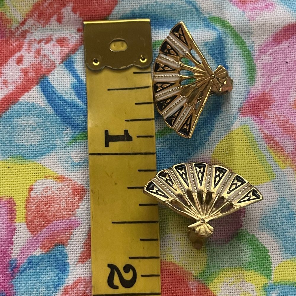 Antique Spanish Damascene vermeil enamel gold‎ tone fan clip on earrings - Picture 8 of 9